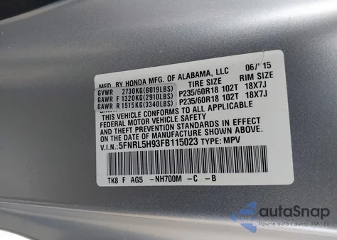 2015 Honda Odyssey Touring/Touring Elite z USA, uszkodzony, nr VIN 5FNRL5H93FB115023